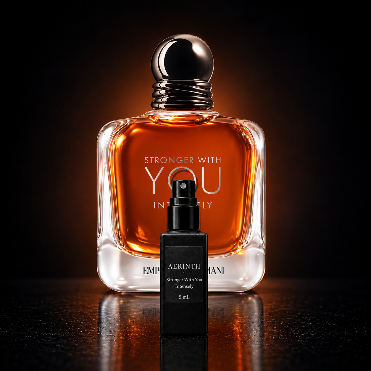 Emporio Armani Stronger With You Intensely visual mock-up showing an AERINTH 5 mL decant with the full-size bottle for reference; the full-size bottle is not included
