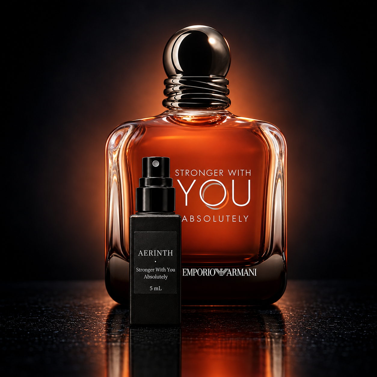 Emporio Armani Stronger With You Absolutely Parfum visual mock-up showing an AERINTH 5 mL decant with the full-size bottle for reference; the full-size bottle is not included
