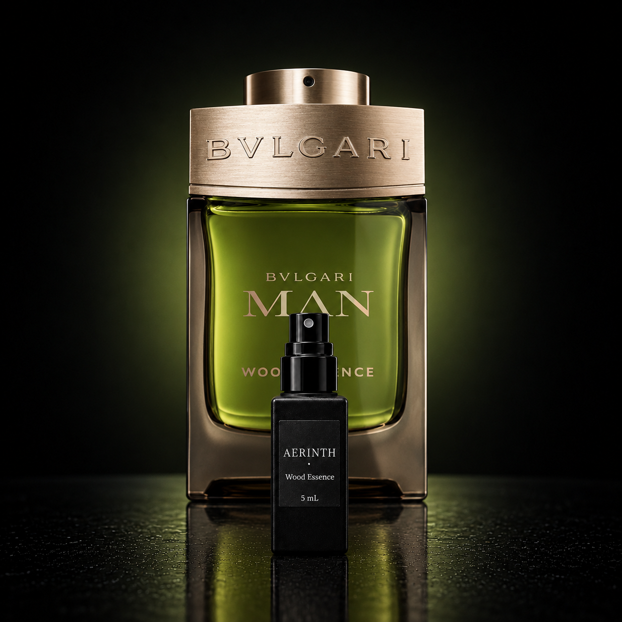 Bvlgari Man Wood Essence Eau de Parfum visual mock-up showing an AERINTH 5 mL decant with the full-size bottle for reference; the full-size bottle is not included